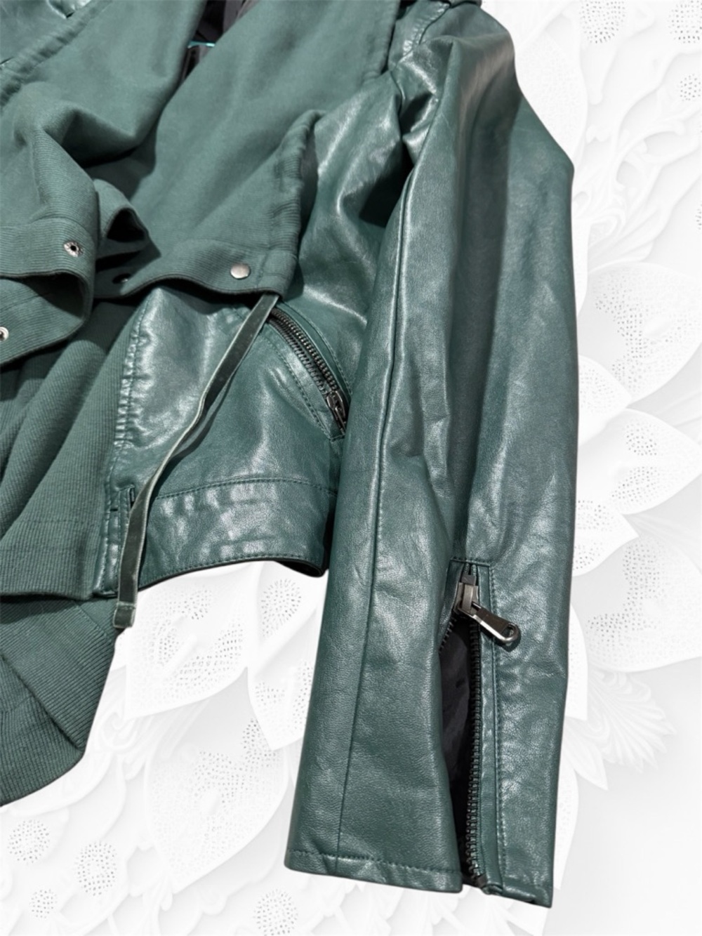 Jolt Forest Green Draped Faux Leather Jacket - Picture 9 of 10